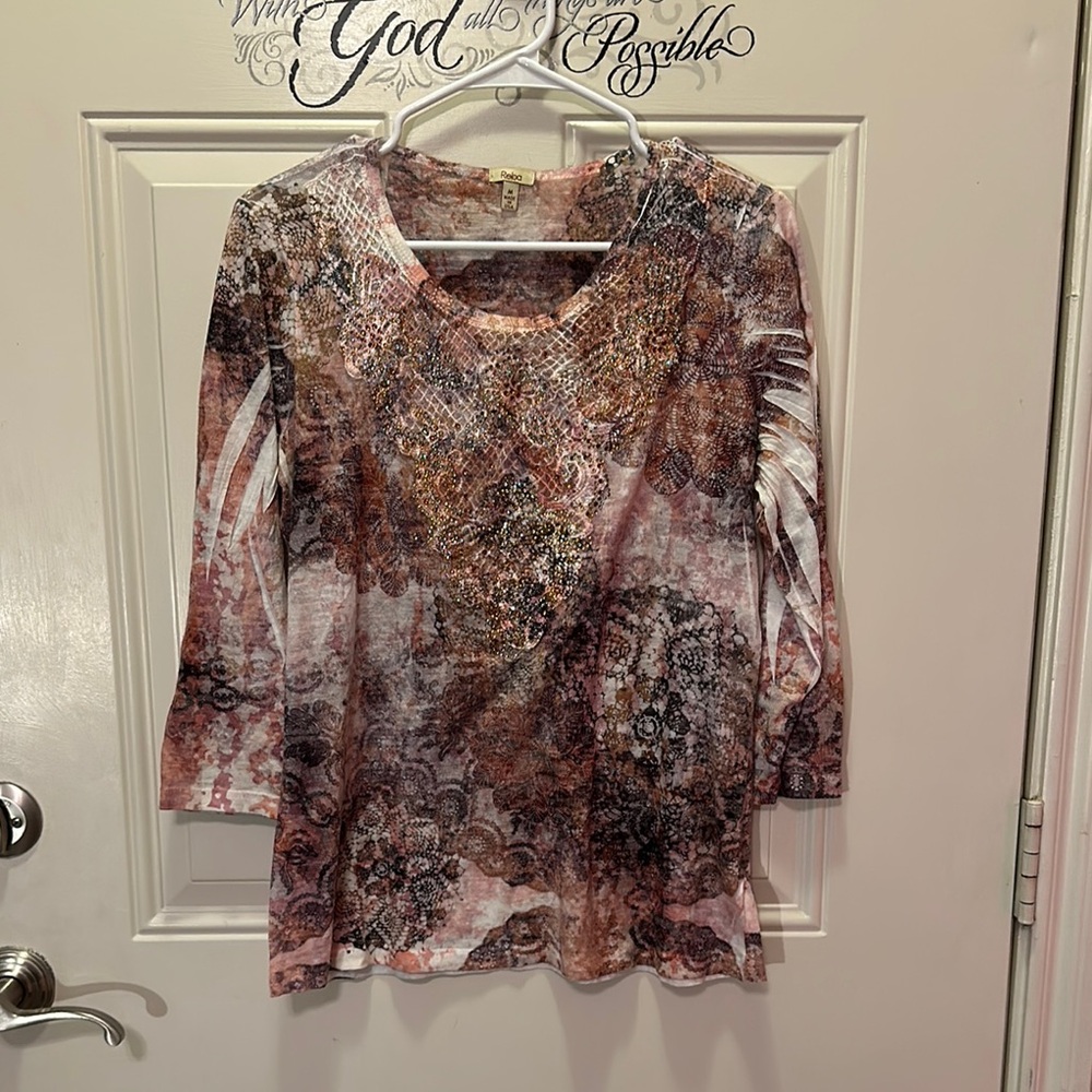 Reba Brown Pink Patterned Lace-Print Scoop Neck Top